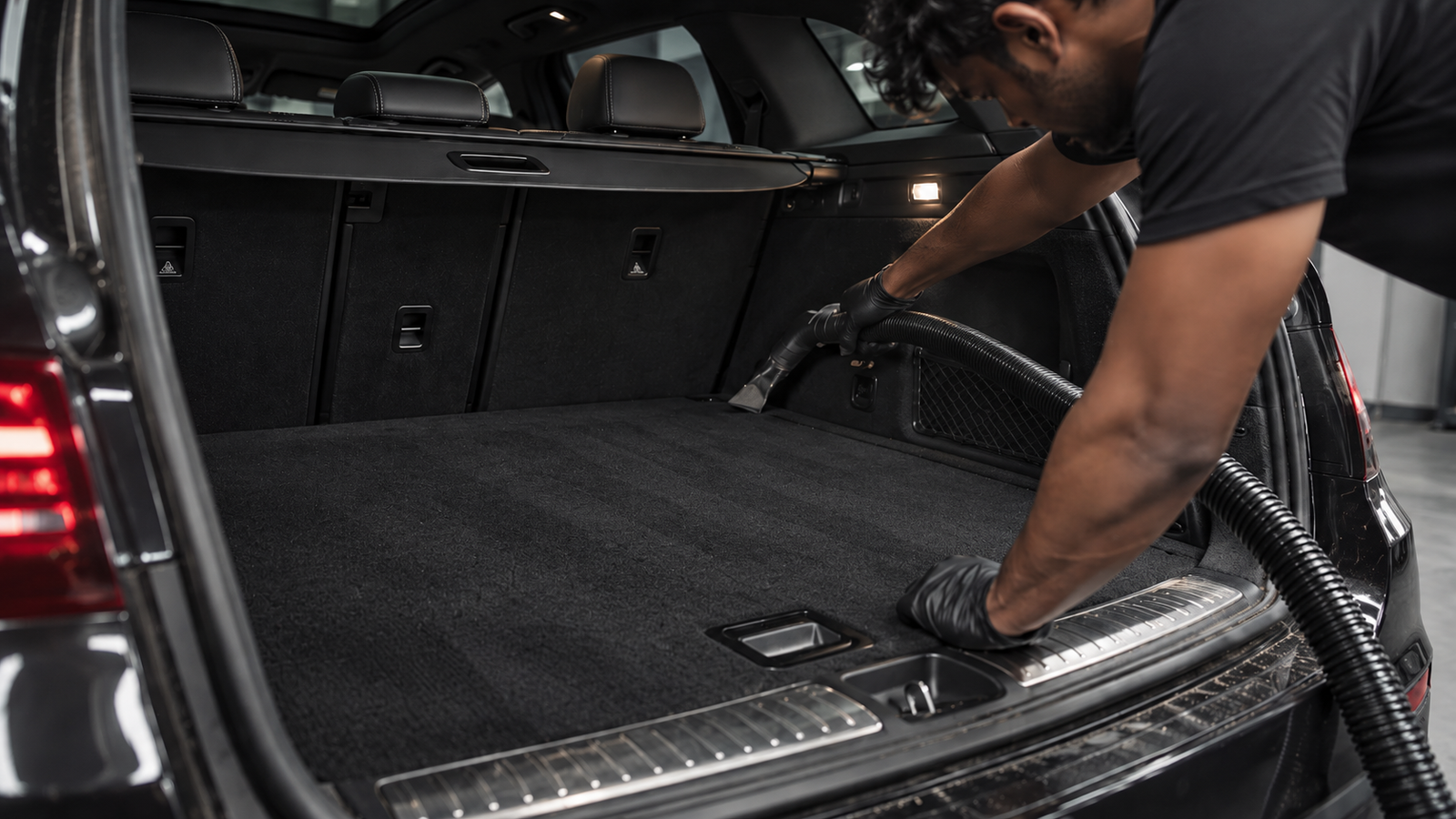 Mercedes après detailing, coffre et moquette nettoyés